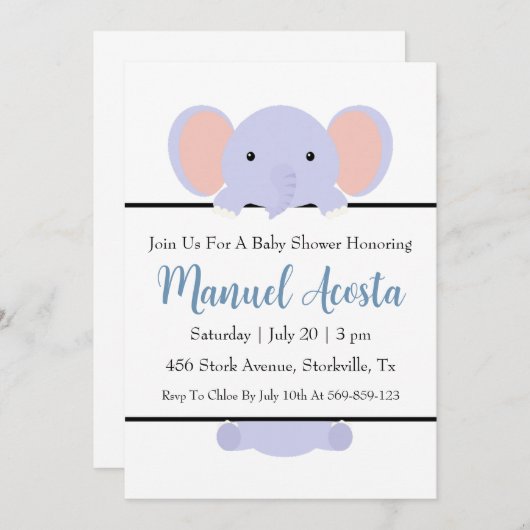 Moderne Blue Elephant Baby Shower Uitnodigingen (Voorkant / Achterkant)