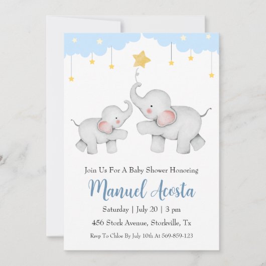 Moderne Blue Elephant Baby Shower Uitnodigingen (Voorkant)