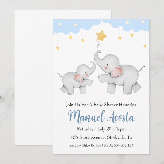 Moderne Blue Elephant Baby Shower Uitnodigingen (Voorkant / Achterkant)