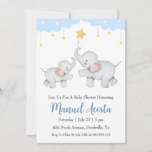 Moderne Blue Elephant Baby Shower Uitnodigingen