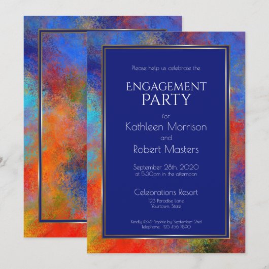 Moderne Blue Gold Red Waterverf Engagement Party Kaart (Voorkant / Achterkant)