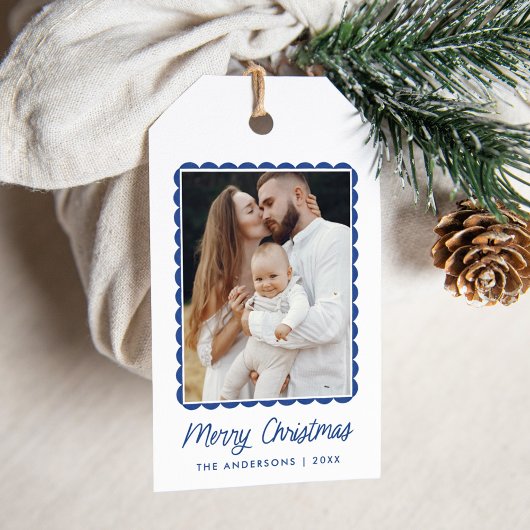 Moderne Blue Scalloped Lijst vakantiefoto Cadeaulabel