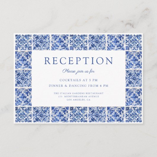 Moderne Blue Tegels bruiloft receptie Informatiekaartje (Voorkant)