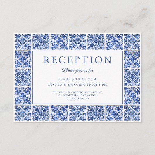 Moderne Blue Tegels bruiloft receptie Informatiekaartje (Voorkant)