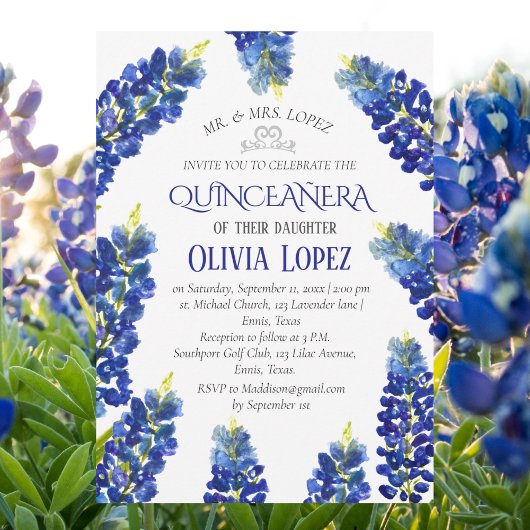 Moderne Bluebonnets Quinceañera Floral 15 Verjaard Kaart