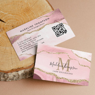 Moderne Blush Agate Geode Gold Monogram QR Code Visitekaartje