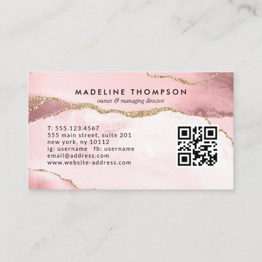 Moderne Blush Agate Geode Gold Monogram QR Code Visitekaartje (Achterkant)
