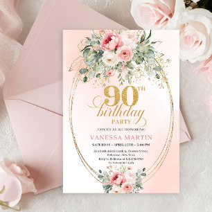 Moderne Blush Bloem Goud Minimal 90ste Verjaardag Kaart