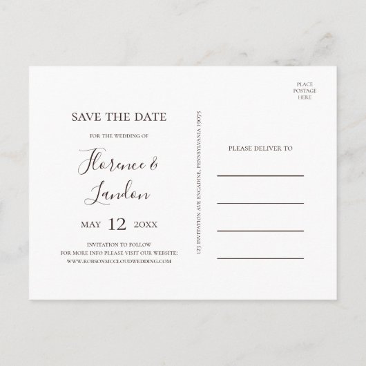 Moderne Blush Bloem Marmer Save The Date Postkaart Uitnodiging Briefkaart (Achterkant)