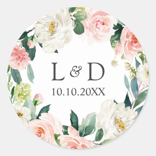 Moderne Blush Bloemen Bruiloft Classic Monogram Ronde Sticker (Voorkant)