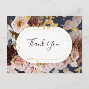 Moderne Blush Bloemen   Marine Huwelijk Bedankt Ka Briefkaart