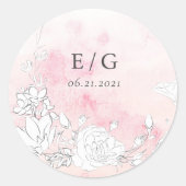 Moderne Blush Bloemen Monogram Bruiloft Envelop Se Ronde Sticker (Voorkant)