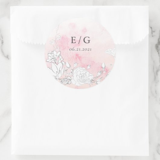 Moderne Blush Bloemen Monogram Bruiloft Envelop Se Ronde Sticker (Tas)