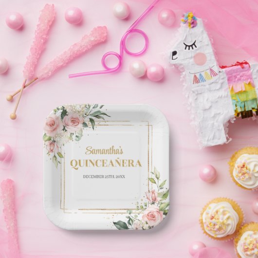 Moderne blush bloemeneucalyptus goud QUINCEAÑERA Papieren Bordje (Feest)