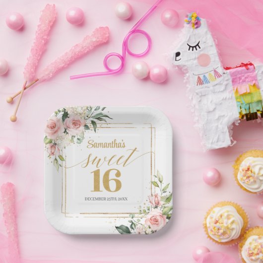 Moderne blush bloemeneucalyptus goud zoete zestien papieren bordje (Feest)