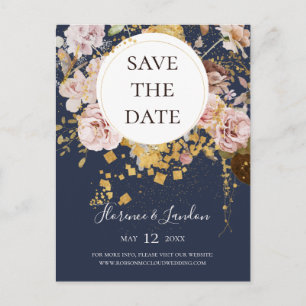 Moderne Blush Bloemige Navy Save The Date Postkaar Uitnodiging Briefkaart
