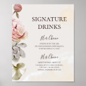 Moderne Blush Bloemige Waterverf Handtekeningdrank Poster (Voorkant)