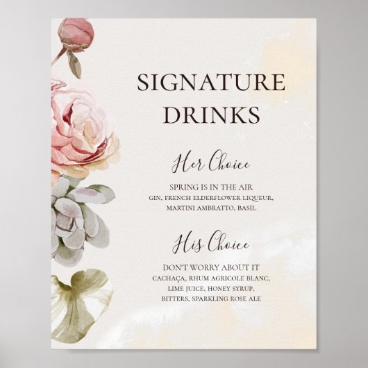 Moderne Blush Bloemige Waterverf Signature Drankje Poster (Voorkant)