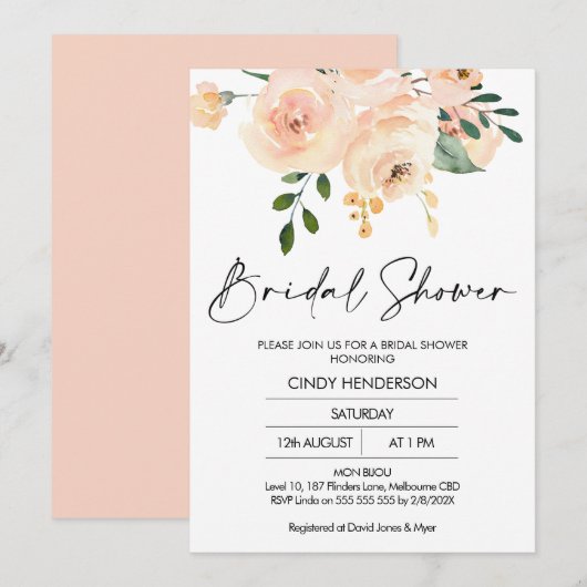 Moderne Blush Boho Bloemen Bruids Douche Uitnodigi Kaart (Voorkant / Achterkant)