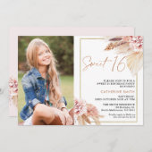 Moderne Blush Boho Bloemen Foto Sweet 16 Verjaarda Kaart (Voorkant / Achterkant)