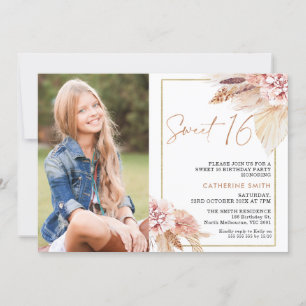 Moderne Blush Boho Bloemen Foto Sweet 16 Verjaarda Kaart