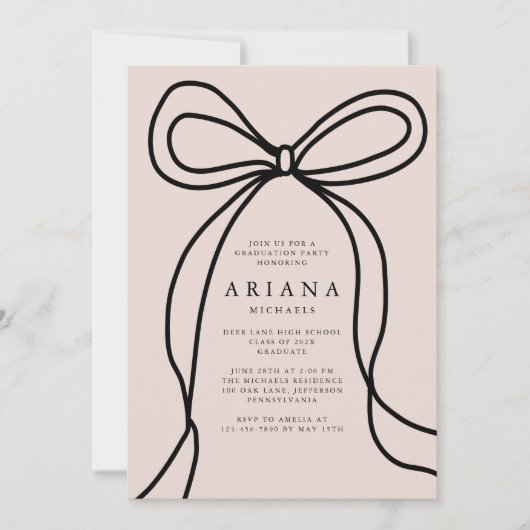 Moderne Blush Bow foto Graduation Party Uitnodigin Aankondiging (Voorkant)