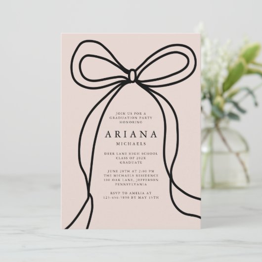 Moderne Blush Bow foto Graduation Party Uitnodigin Aankondiging (Staand voorkant)