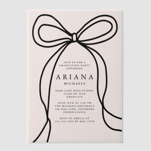 Moderne Blush Bow Graduation Party Vellum Uitnodigingen (Voorkant)