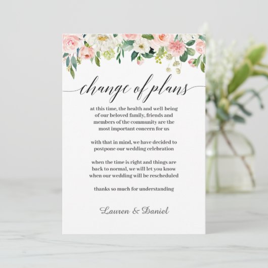 Moderne Blush Bruiloft Uitstel Verandering van pla Kaart (Staand voorkant)