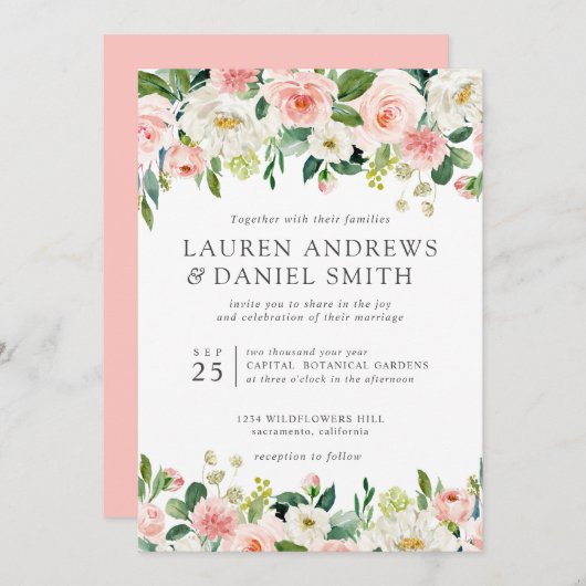 Moderne Blush | Chic Botanische Bruiloftsslingers Kaart (Voorkant / Achterkant)