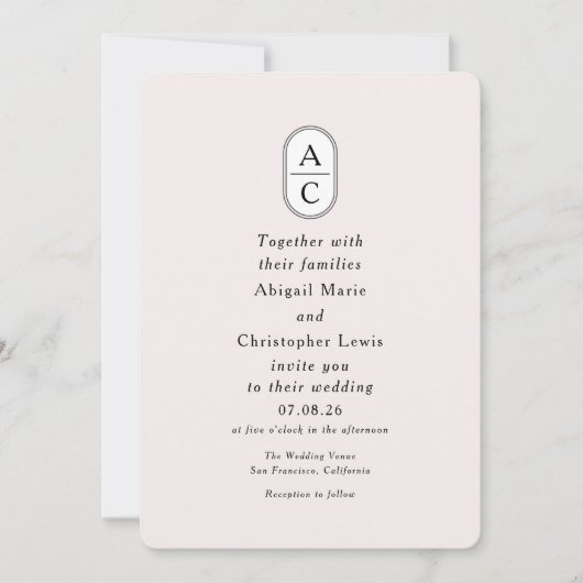 Moderne Blush Eenvoudig Gebogen Paar Monogrammen Kaart (Voorkant)