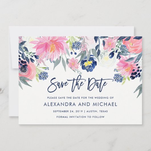 Moderne Blush en Navy Bloemen Bruiloft Save the Da Save The Date (Voorkant)