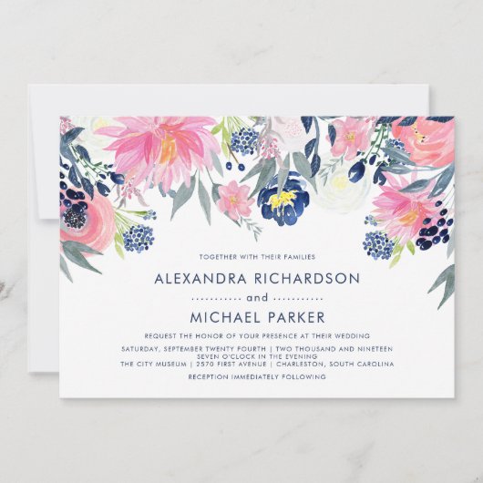 Moderne Blush en Navy Bloemen Bruiloft | Versie tw Kaart (Voorkant)