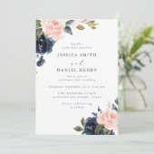 Moderne Blush en Navy Bloemen Huwelijk Kaart (Staand voorkant)