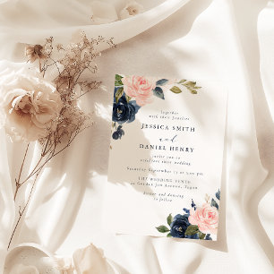 Moderne Blush en Navy Bloemen Huwelijk Kaart