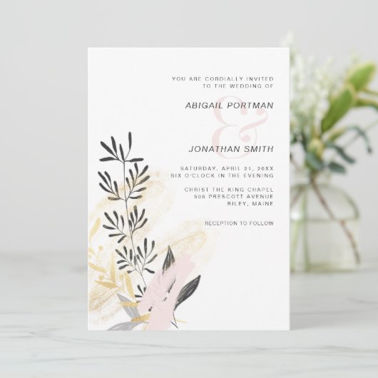 Moderne Blush en Zwarte Botanische Trouwfoto Kaart (Staand voorkant)