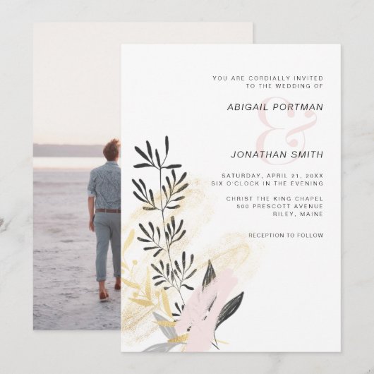 Moderne Blush en Zwarte Botanische Trouwfoto Kaart (Voorkant / Achterkant)