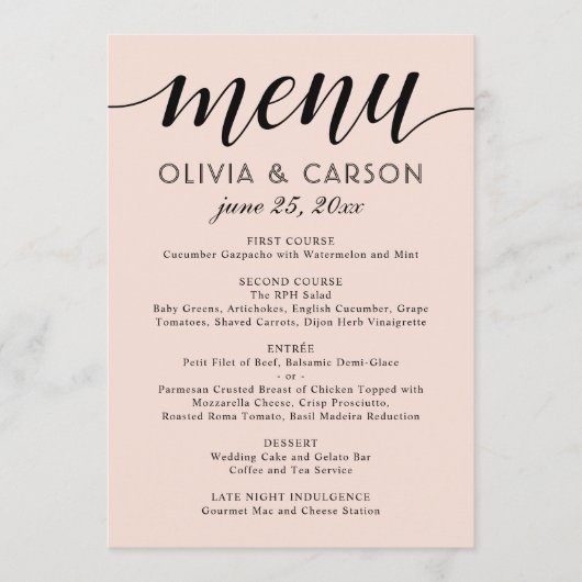Moderne Blush en Zwarte Script Bruiloft Menu (Voorkant)