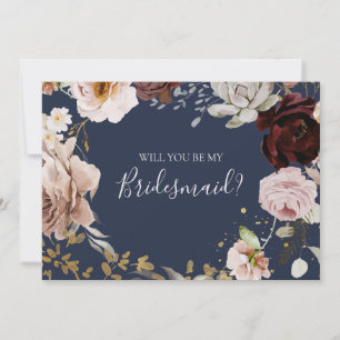 Moderne Blush Floral Navy Bridesmaid-kaart Kaart