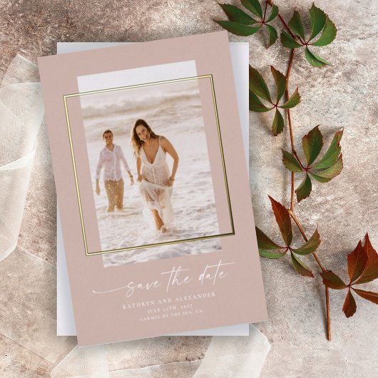 Moderne Blush Foto Save The Date Goud Folie Uitnodiging