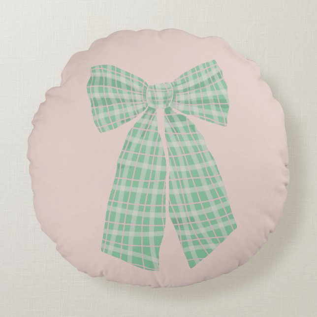 Moderne  Blush Gingham Romantische Coquette Bow Rond Kussen (Voorkant)