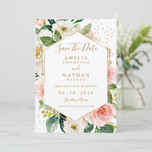 Moderne Blush Gold Floral Waterverf Bewaar de datu Save The Date (Staand voorkant)
