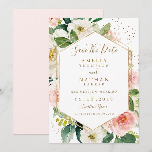 Moderne Blush Gold Floral Waterverf Bewaar de datu Save The Date (Voorkant / Achterkant)