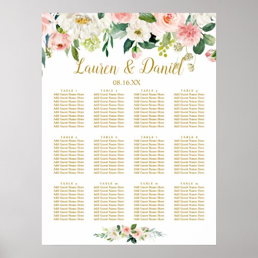 Moderne Blush GOLD Flowers Weddenschap Seating Cha Poster (Voorkant)