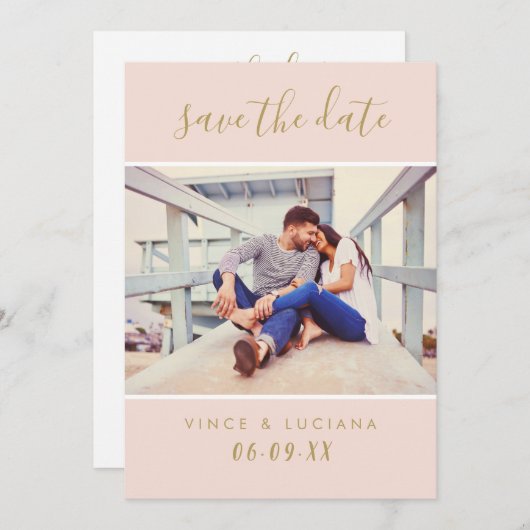 Moderne Blush Gold Handgeschreven Script Foto Save The Date (Voorkant / Achterkant)