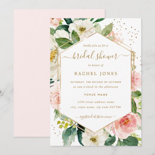 Moderne Blush Gouden Bloem Bruiloft Borrel Kaart (Voorkant / Achterkant)