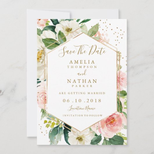 Moderne Blush Gouden Bloemrijke Waterverf Save The Date (Voorkant)