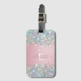 Moderne Blush Holografische Faux Glitter Monogram Bagagelabel
