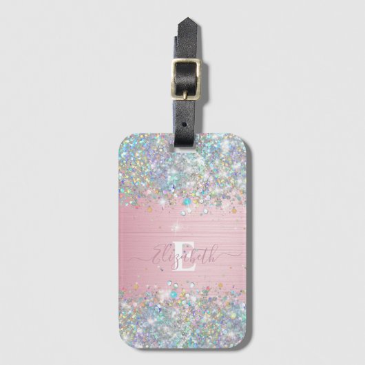 Moderne Blush Holografische Faux Glitter Monogram Bagagelabel (Voorkant (verticaal))