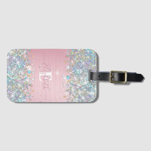 Moderne Blush Holografische Faux Glitter Monogram Bagagelabel (Voorkant (horizontaal))